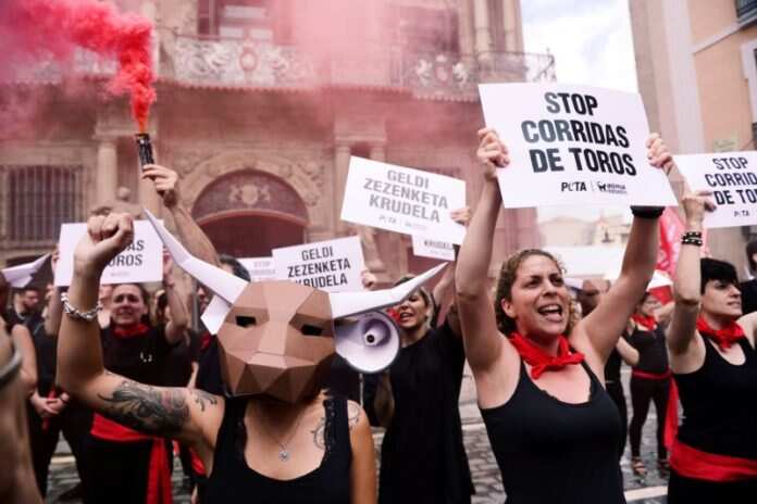 Protesters take part in a demonstration against bullfighting before the start of the San Fermin festival in Pamplona