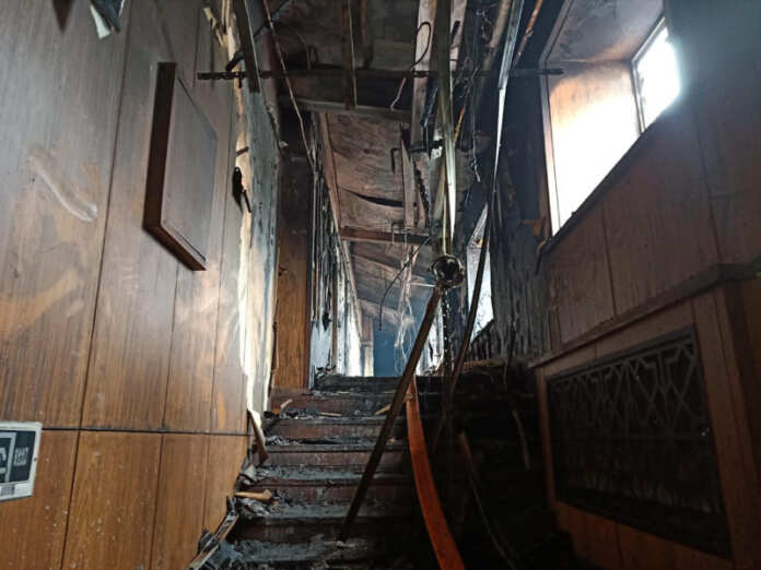 Interior of a hot springs hotel which caught fire early in the morning is pictured in Harbin