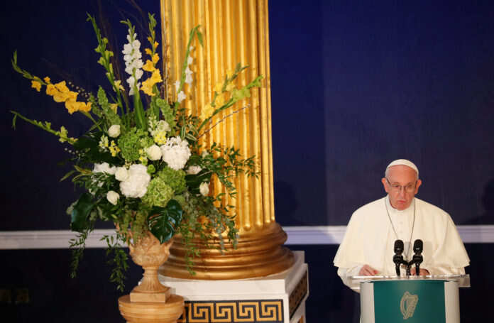 Pope Francis speaks at Dublin Castle during his visit to Dublin