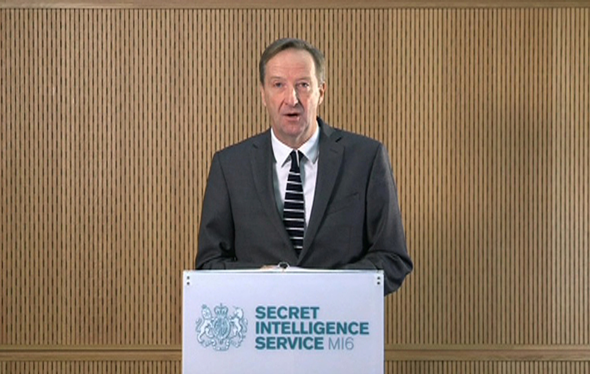 FILE PHOTO: MI6 chief Alex Younger speaks at MI6's Vauxhall Cross headquarters in central London