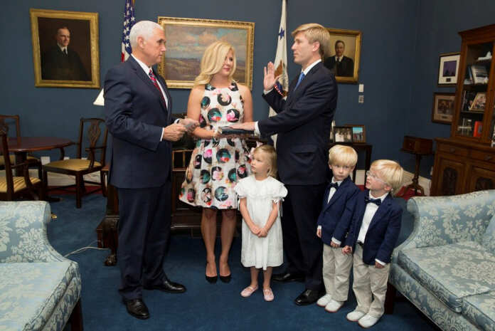 FILE PHOTO: Nick Ayers being sworn-in as Vice President's Chief of Staff in Washington
