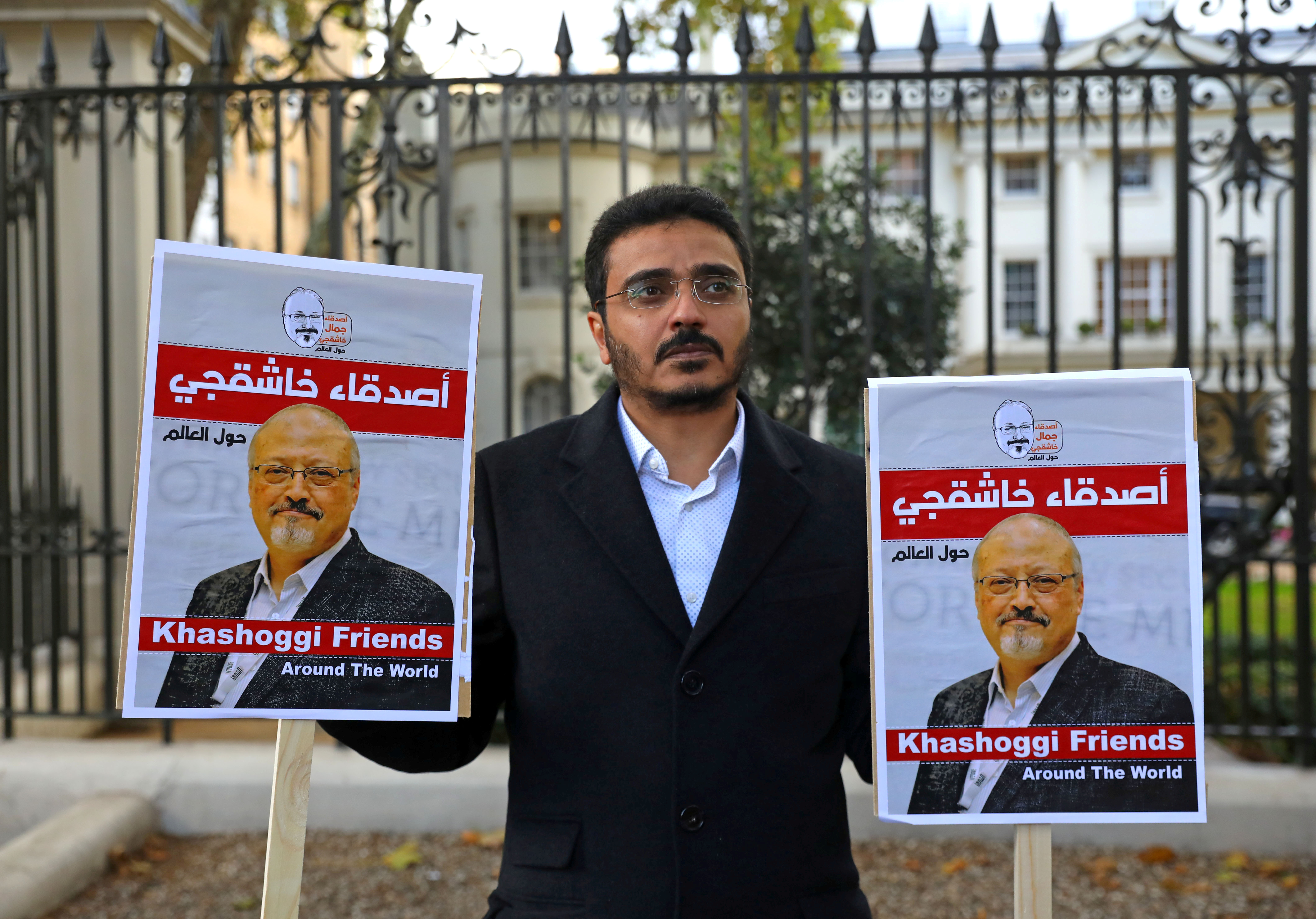 FILE PHOTO: People protest against the killing of journalist Jamal Khashoggi in Turkey outside the Saudi Arabian Embassy in London