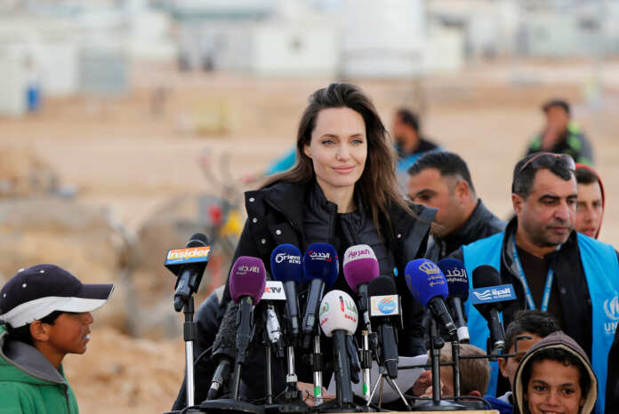 Actor Angelina Jolie, UNHCR Special Envoy, speaks during a news conference at the Al Zaatri refugee camp, in the Jordanian city of Mafraq