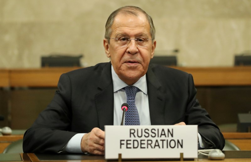 Russian Foreign Minister Lavrov attends news conference after talks on forming a constitutional committee in Syria, at the United Nations in Geneva