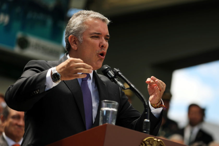 FILE PHOTO - Colombian President, Ivan Duque, speaks during a promotion ceremony at a military school in Bogota