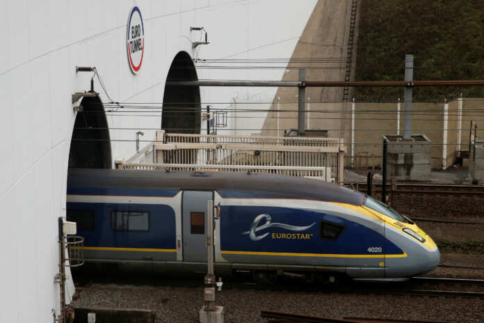 FILE PHOTO: An Eurostar high speed train enters the Channel Tunnel in Coquelles, near Calais
