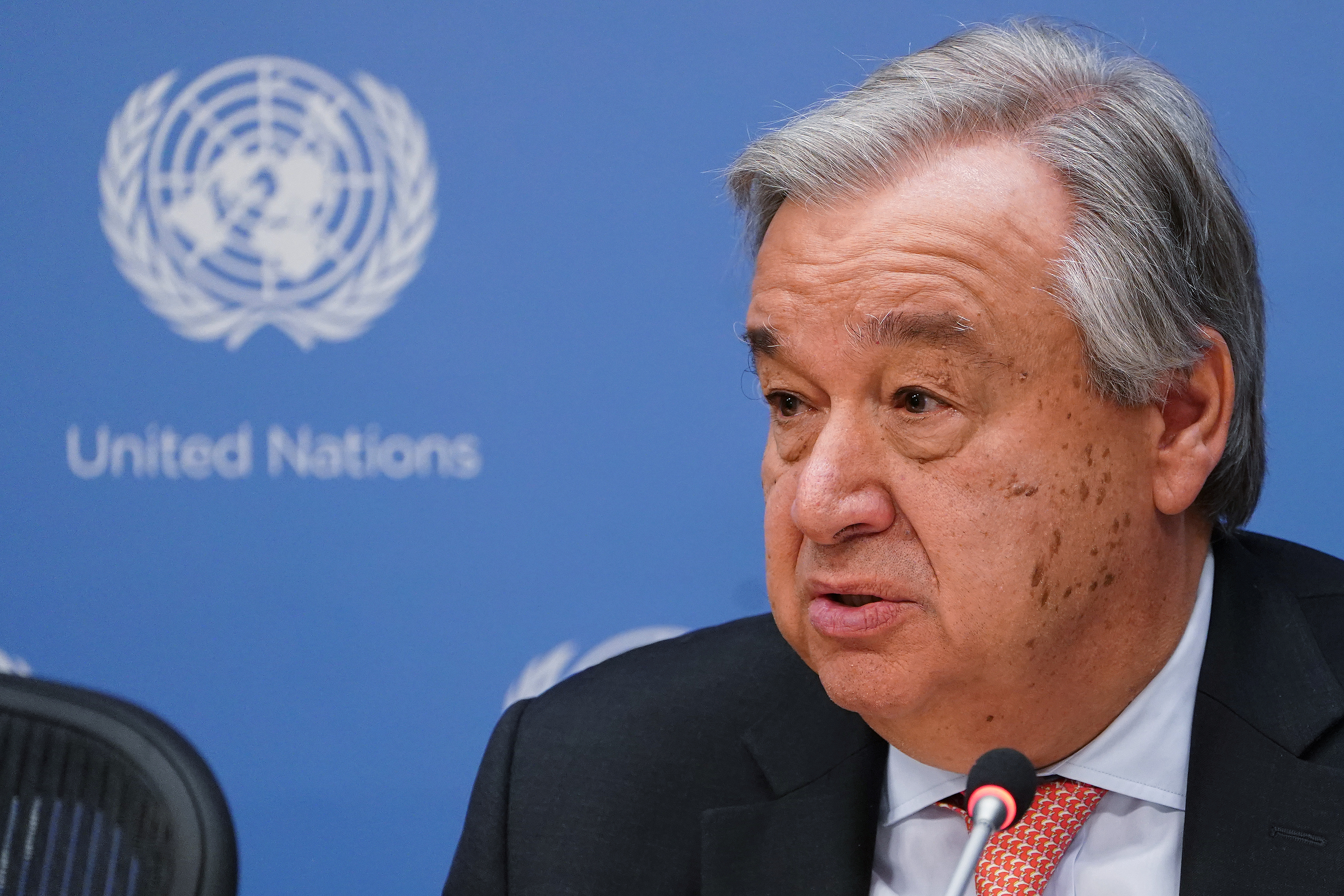 The Secretary General of the United Nations Antonio Guterres attends a press conference about climate change in New York