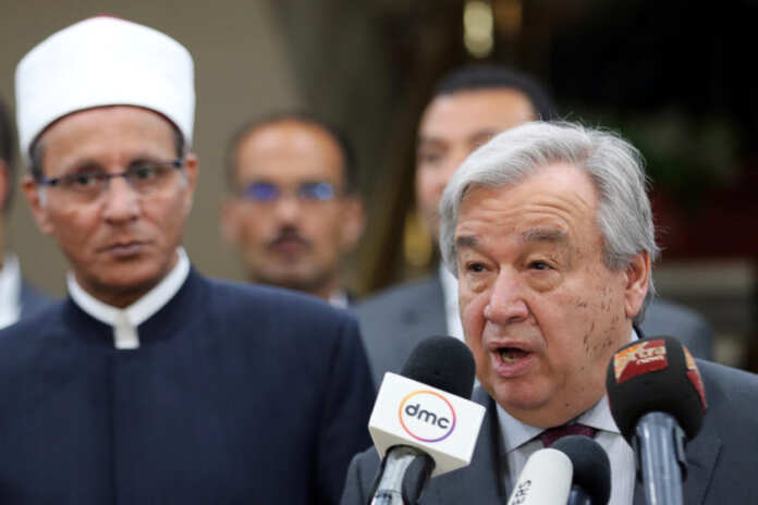 Secretary General of the United Nations Antonio Guterres speaks during a news conference at Al-Azhar headquarters in Cairo