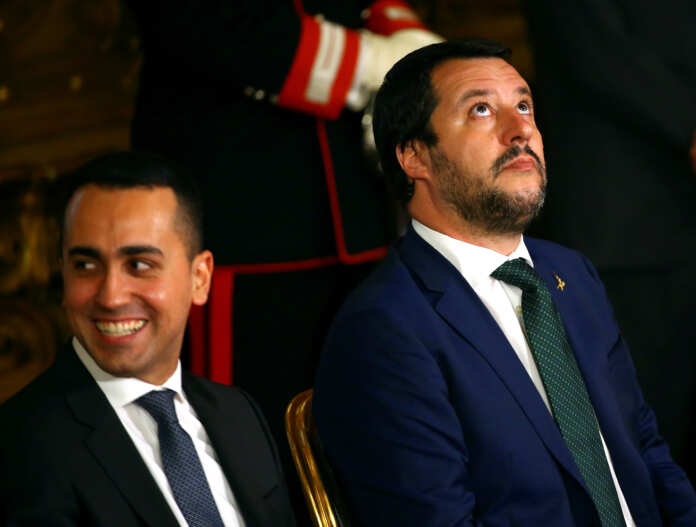 FILE PHOTO: Interior Minister Matteo Salvini looks on next to Italy's Minister of Labor and Industry Luigi Di Maio at the Quirinal palace in Rome