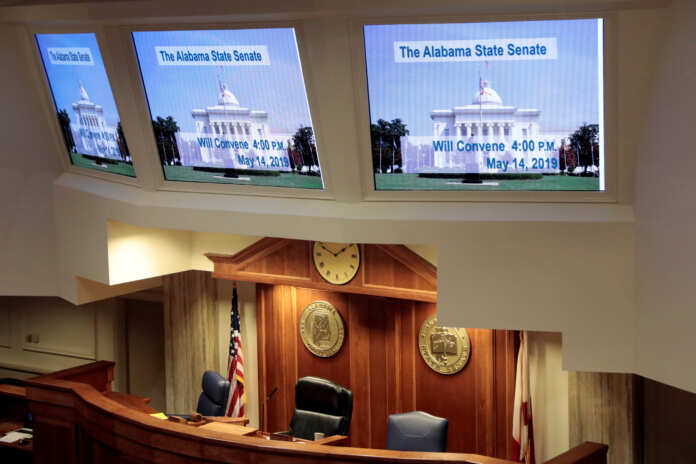 The Alabama Senate chamber is empty hours before a state Senate vote on the strictest anti-abortion bill in the United States, at the Alabama Legislature in Montgomery