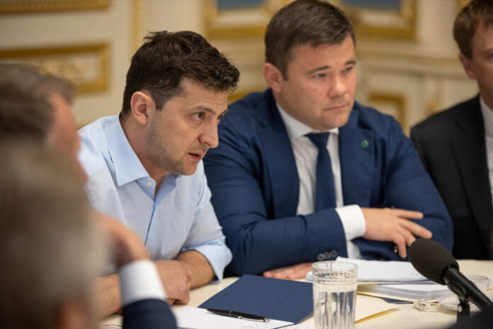 President of Ukraine Zelenskiy and his lawyer and adviser Bogdan attend a meeting with lawmakers in Kiev