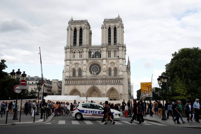 The Notre-Dame de Paris cathedral is pictured after the first mass since the devastating fire in April, in Paris