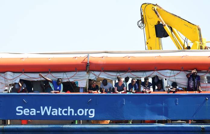 The migrant search and rescue ship Sea-Watch 3 carrying stranded migrants, sails near the island of Lampedusa