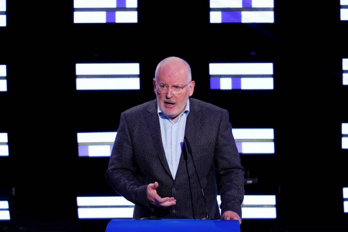 FILE PHOTO: European Commission vice-president Frans Timmermans, candidate of the Party of European Socialists (PES), speaks at the Plenary Hall during the election night for European elections at the European Parliament in Brussels