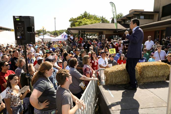 2020 Democratic U.S. presidential candidate Andrew Yang speaks at the Iowa State Fair in Des Moines