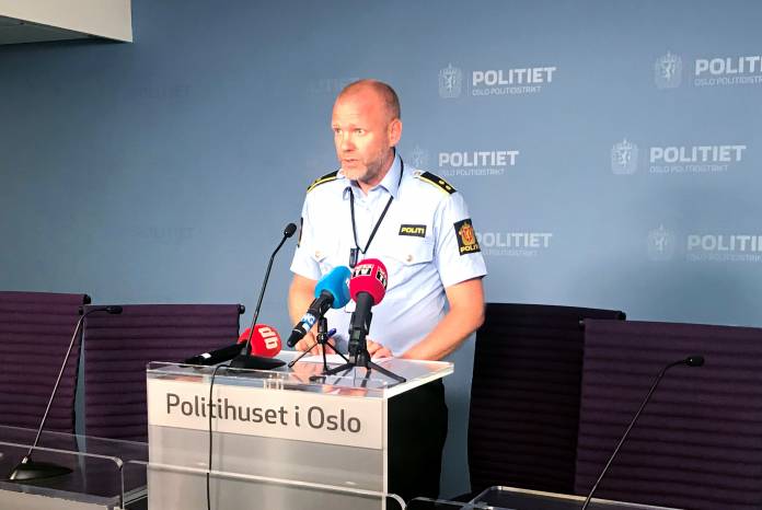 Rune Skjold, Assistant Chief of Police, holds a news conference after a shooting in al-Noor Islamic center mosque, in the police headquarters in Oslo