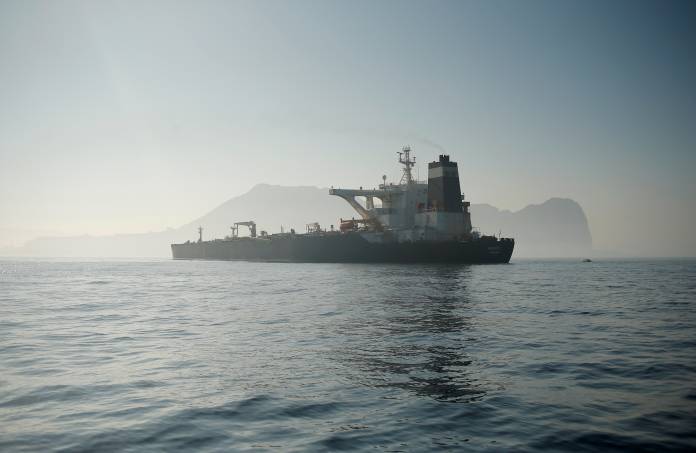 Iranian oil tanker Grace 1 sits anchored after it was seized in July by British Royal Marines off the coast of the British Mediterranean territory, in the Strait of Gibraltar