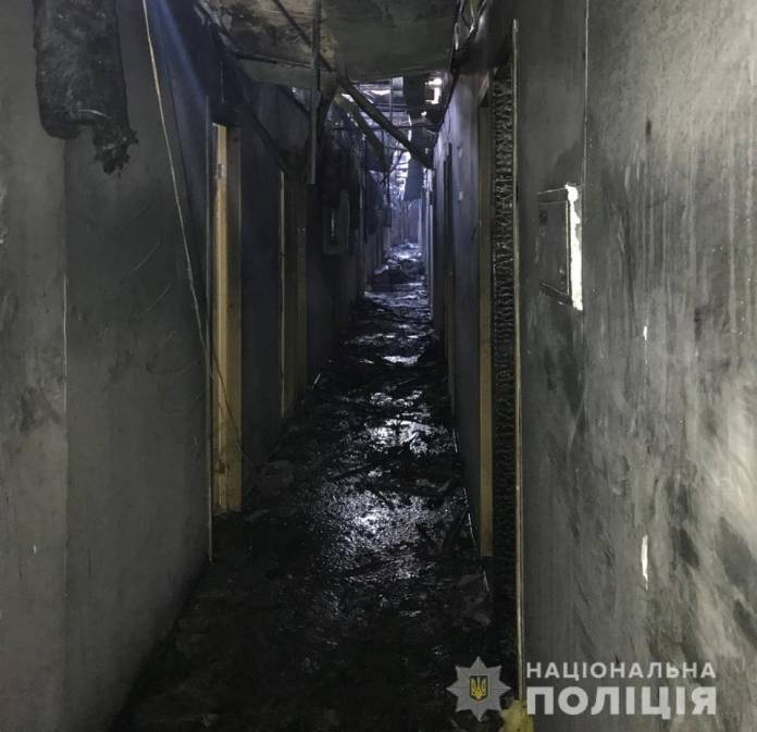 A view shows a corridor of the Tokyo Star hotel that was hit by a heavy fire, in Odessa