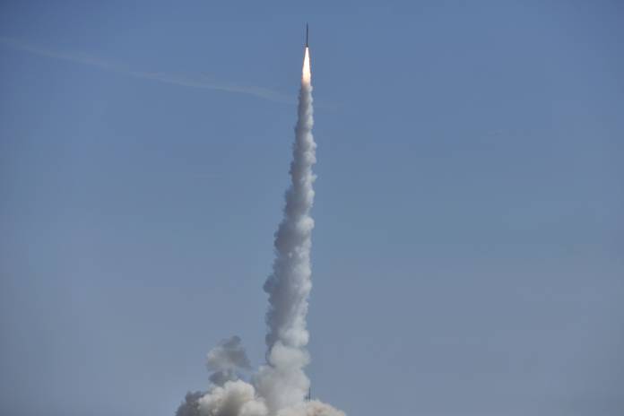 Smart Dragon-1 rocket carrying three satellites lifts off from the launch pad at Jiuquan Satellite Launch Center in Gansu
