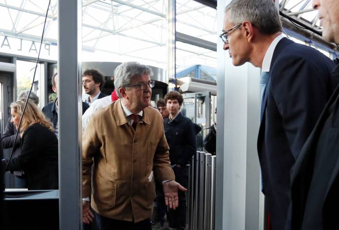 Jean-Luc Melenchon, leader of France Insoumise arrives for his trial at the courthouse in Bobigny