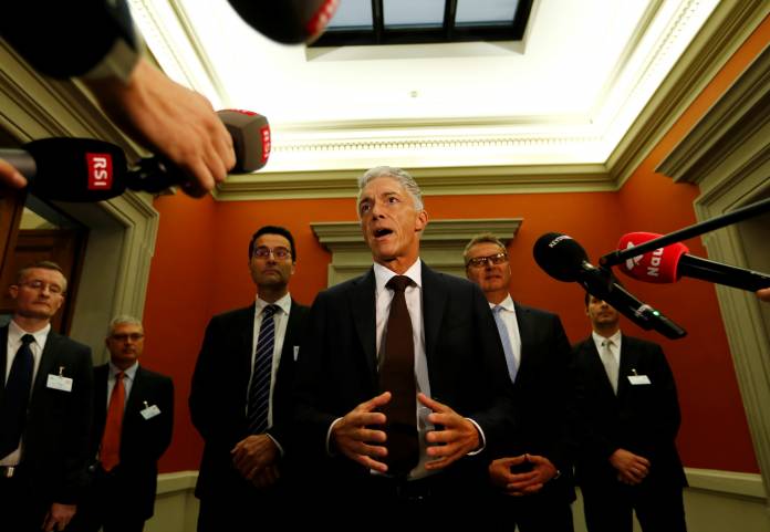 Swiss Attorney General Lauber gives a statement after his re-election in Bern