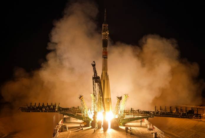 Soyuz MS-15 spacecraft carrying ISS crew blasts off from the launchpad at the Baikonur Cosmodrome
