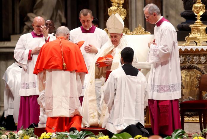 Pope Francis leads a consistory to elevate 13 Roman Catholic prelates to the rank of cardinal, at Saint Peter's Basilica at the Vatican
