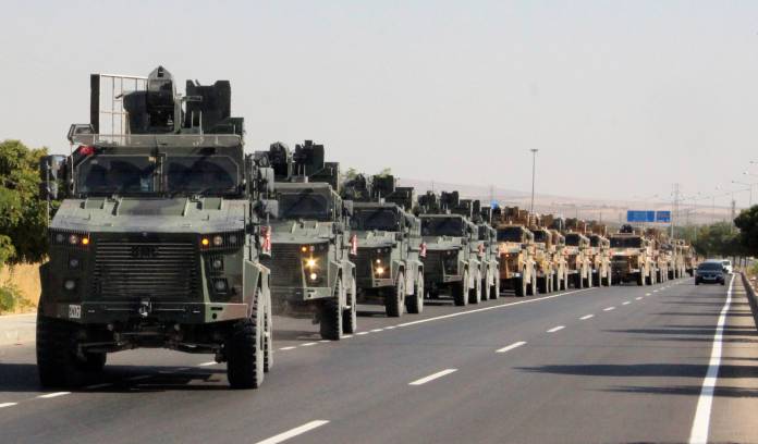 A Turkish miltary convoy is pictured in Kilis near the Turkish-Syrian border