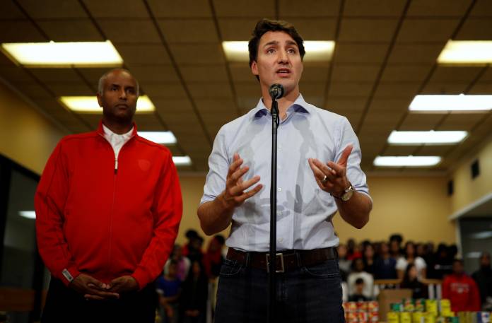 Canadian PM Trudeau takes part in a Thanksgiving food drive in Toronto