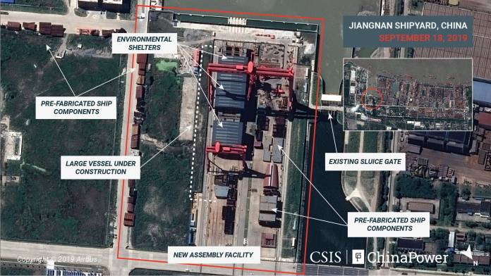 A satellite image shows Jiangnan Shipyard in Shanghai