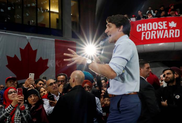 Liberal leader and Canadian Prime Minister Justin Trudeau takes part in a rally as he campaigns for the upcoming election, in Vancouver, British Columbia