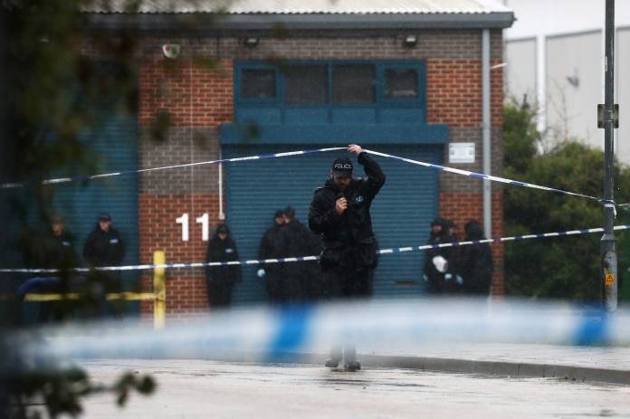 The scene where bodies were discovered in a lorry container, in Grays