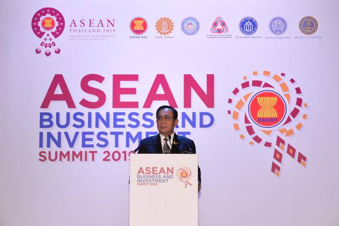 Thailand's Prime Minister Prayuth Chan-ocha delivers a speech during the opening ceremony of ASEAN Business and Investment Summit 2019 (ABIS 2019) in Bangkok