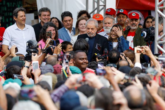 Former Brazilian President Luiz Inacio Lula da Silva delivers a speech after being released from prison, in Curitiba