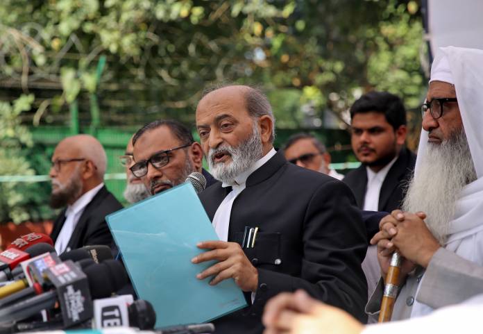 Zafaryab Jilani, a lawyer of All India Muslim Personal Law Board, speaks during a news conference after Supreme Court's verdict on a disputed religious site in Ayodhya, in New Delhi