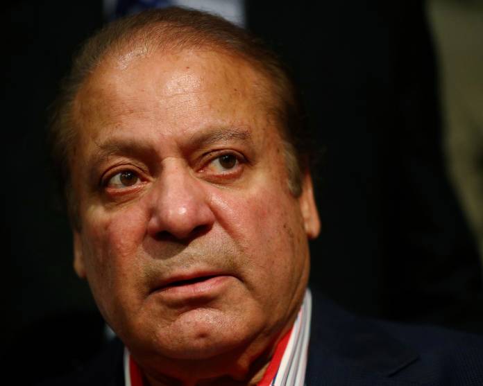 Former Prime Minister of Pakistan, Nawaz Sharif, speaks during a news conference at a hotel in London