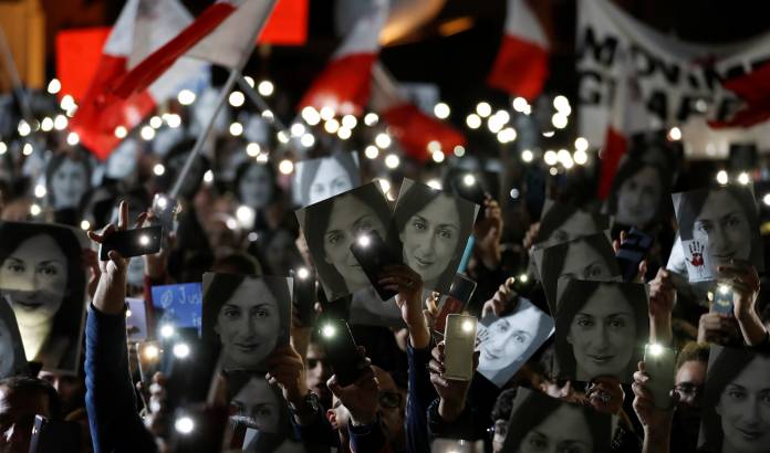 Demonstration to demand justice over the murder of journalist Daphne Caruana Galizia outside the Office of the Prime minister at Auberge de Castle, in Valletta