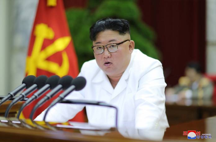 North Korean leader Kim Jong Un speaks during the 5th Plenary Meeting of the 7th Central Committee of the Workers' Party of Korea