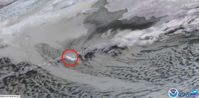 Still image taken from satellite footage shows smoke emerging from the Shishaldin Volcano eruption in Alaska