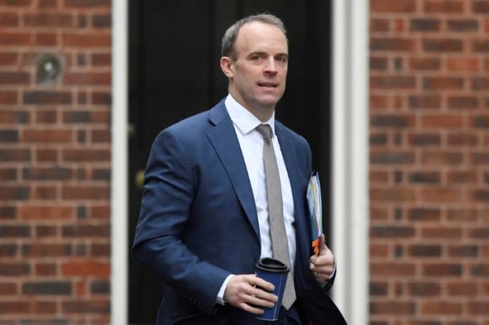 Britain's Foreign Secretary Dominic Raab is seen at Downing Street in London