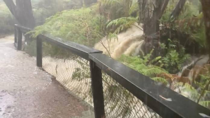 FILE PHOTO: Floodwaters are seen during heavy rainfall at the Australian Reptile Park in Somersby, New South Wales in this still frame obtained from January 17, 2020 social media video