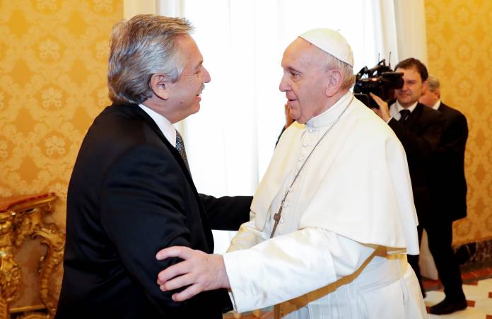 Pope Francis meets Argentina's President Alberto Fernandez during a private audience at the Vatican