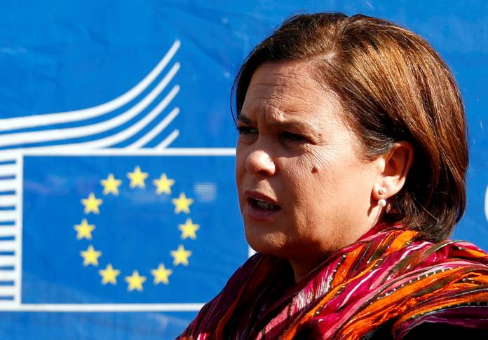FILE PHOTO: Sinn Fein Leader McDonald leaves a meeting with EU Chief Brexit Negotiator Barnier in Brussels