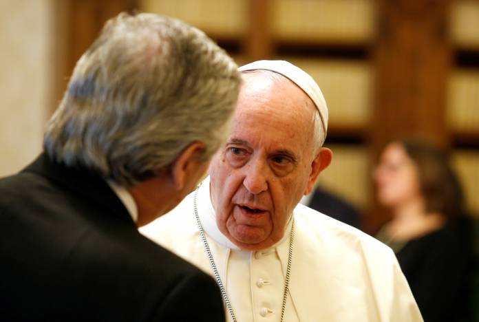 FILE PHOTO: Pope Francis meets Argentina's President Alberto Fernandez during a private audience at the Vatican
