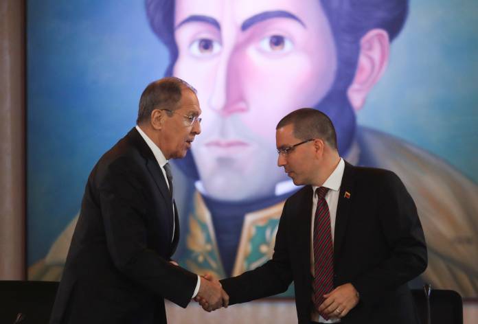 Russia's Foreign Minister Sergey Lavrov and his Venezuelan counterpart Jorge Arreaza attend a joint news conference in Caracas