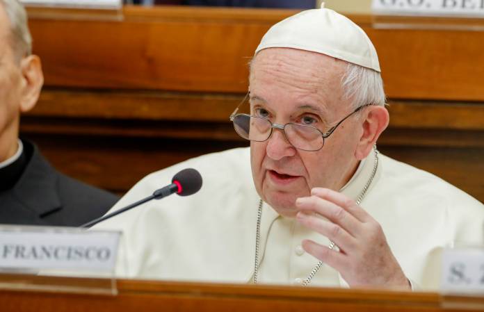 FILE PHOTO: Pope Francis speaks at a conference hosted by the Vatican on economic solidarity, at the Vatican