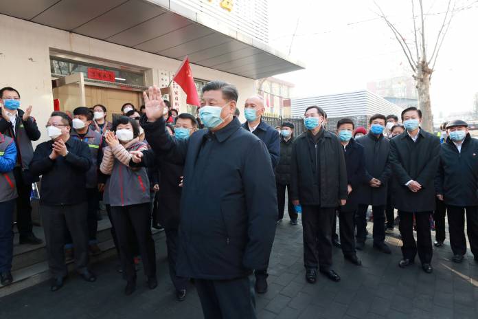 Chinese President Xi Jinping inspects the novel coronavirus prevention and control work at Anhuali Community in Beijing