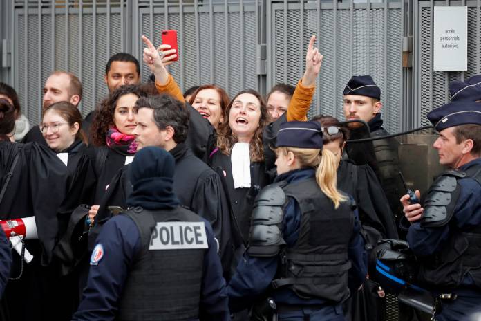 French lawyers on strike against French government's pension reform bill at Paris courthouse
