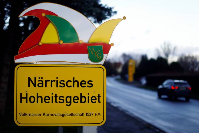 A sign of the Volkmarsen carnival club is pictured at the entrance of Volkmarsen