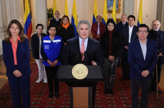 Colombia's President Ivan Duque addresses the nation in a televised speech, in which he declared a nationwide quarantine for 19 days, as a preventive measure against the spread of the coronavirus disease (COVID-19), in Bogota Colombia's President Ivan Duque addresses the nation in a televised speech, in which he declared a nationwide quarantine for 19 days, as a preventive measure against the spread of the coronavirus disease (COVID-19), in Bogota
